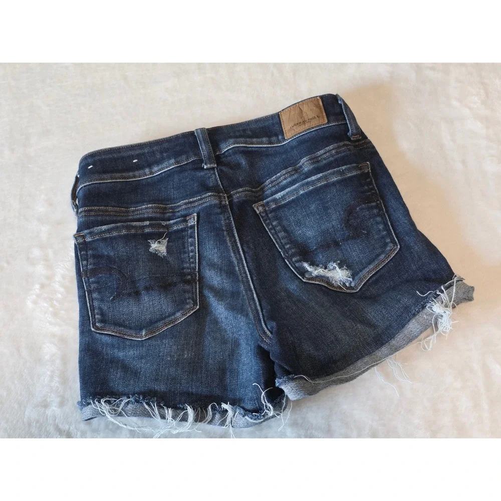 American Eagle Hi-Rise Shortie Distressed Denim Shorts Dark Wash Womens Size 2